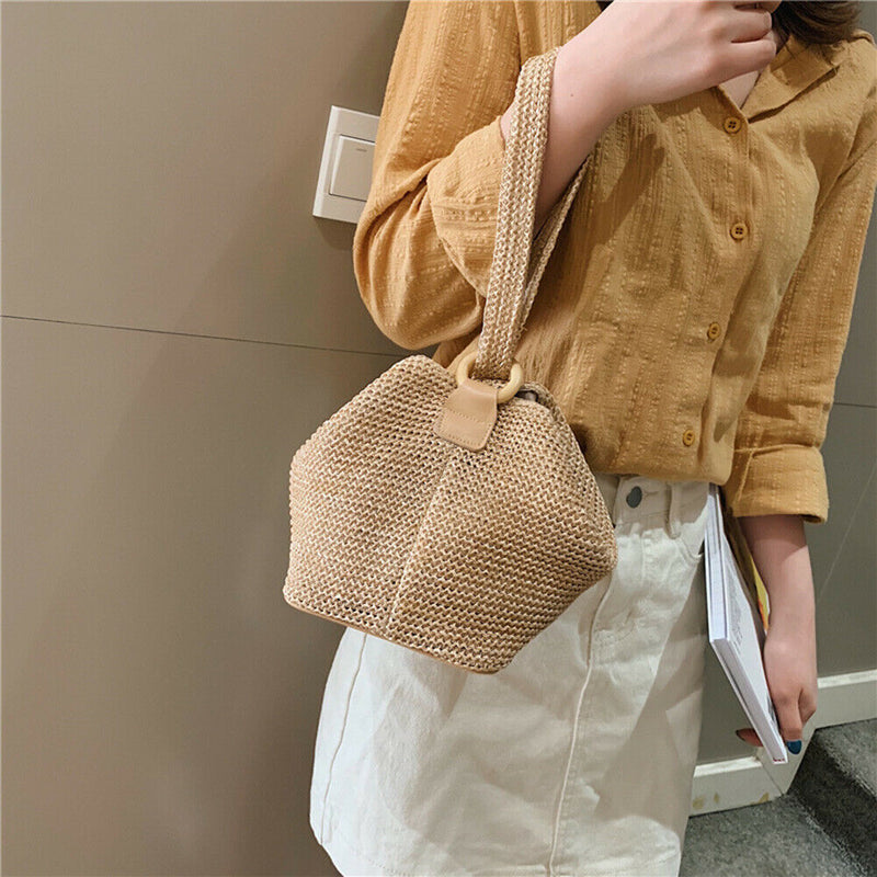 Women Handmade Straw Woven Shoulder Bags Beach Messenger Handbags (Brown)