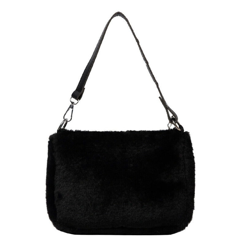 Plush Underarm Pack Shoulder Messenger Bag Women Soft Fluffy Totes (Black)