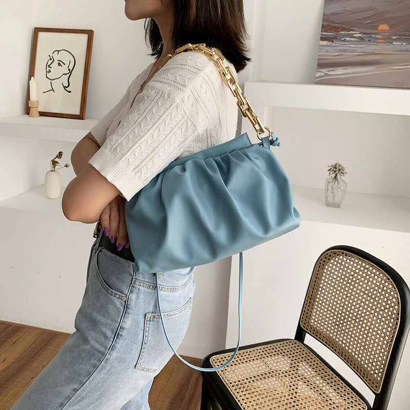 Women Pleated Shoulder Bag Chain Totes PU Cloud Messenger Handbag (Blue)