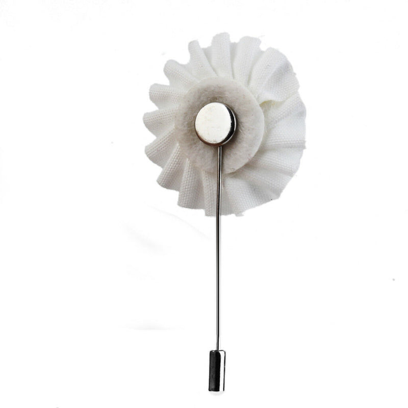 White Handmade Fabric Flower Boutonniere Men's Tuxedo Lapel Brooch Pin Stick