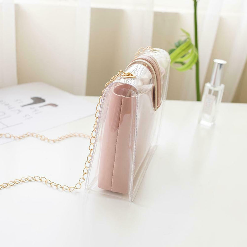2pcs/set Clear Shoulder Handbags PVC Women Chain Crossbody Clutch (Pink) A