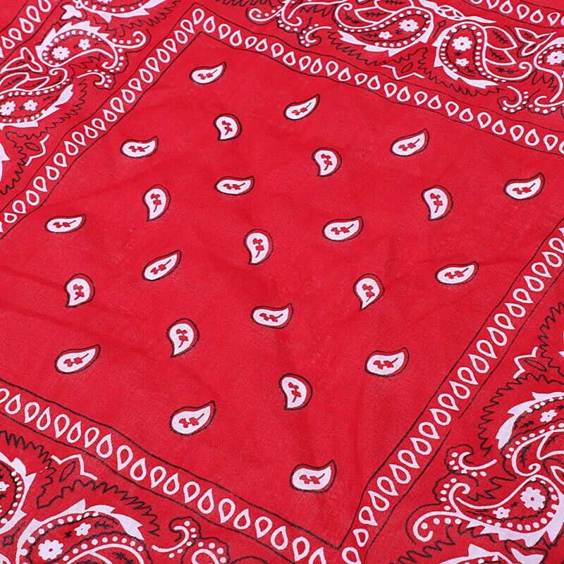 Red bandana scarf with square black white paisley pattern on both sides (Re T5Y2