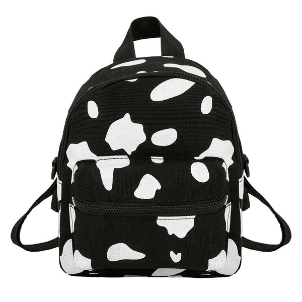 Cow Print Backpack Women Canvas Schoolbag Teenage Girl Mini Bagpack (Black)