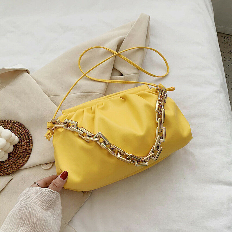 Women Pleated Shoulder Bag Chain Totes PU Cloud Messenger Handbag (Yellow)