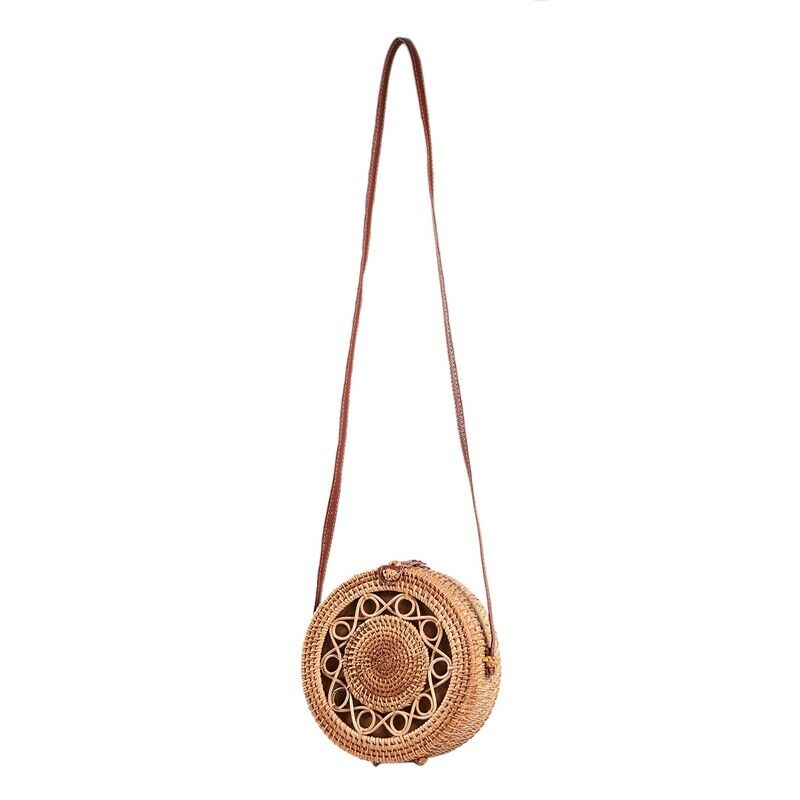 Woven Rattan Bag Round Straw Shoulder Bag Small Beach Handbags Women Summer E4D1