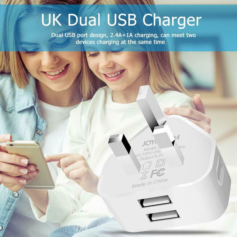 Portable Dual 2 Port USB Charger UK Plug 2.4A+1A Phone Travel Wall Adapter
