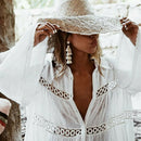 Womens Flare Sleeve Button Down Hollow Out Beach Dress Bathing Suit Cover Up
