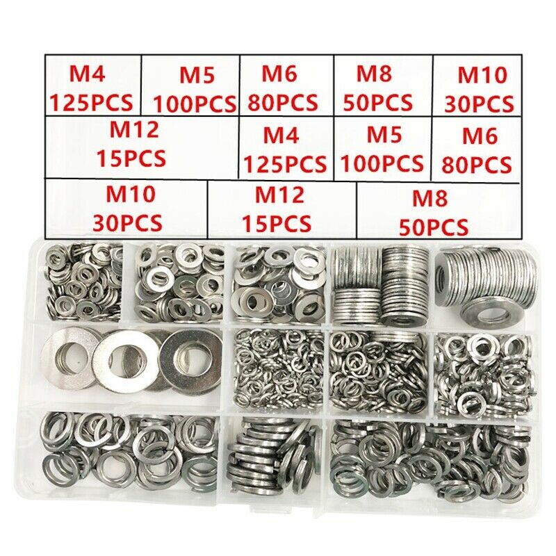 800Pcs/Set Flat/Elastic Gasket M4 M5 M6 M8 M10 M12 304 Stainless Steel Shel M1F9