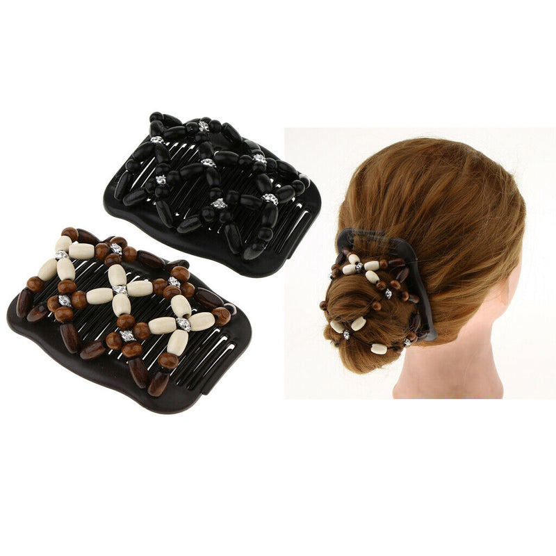 2 Pack Elastic Double Clips Hair Comb  Wooden Beads Stretching