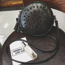 Women Sheepskin Rivet Cute Round Mini Shoulder Bag Crossbody Bag Black