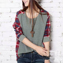 Autumn Casual Women Blouses O-neck Plaid Splicing Loose Tops (Grey)(S) A