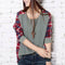 Autumn Casual Women Blouses O-neck Plaid Splicing Loose Tops (Grey)(S) A