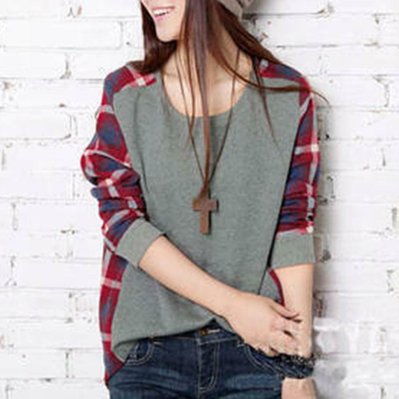 Autumn Casual Women Blouses O-neck Plaid Splicing Loose Tops (Grey)(S) A