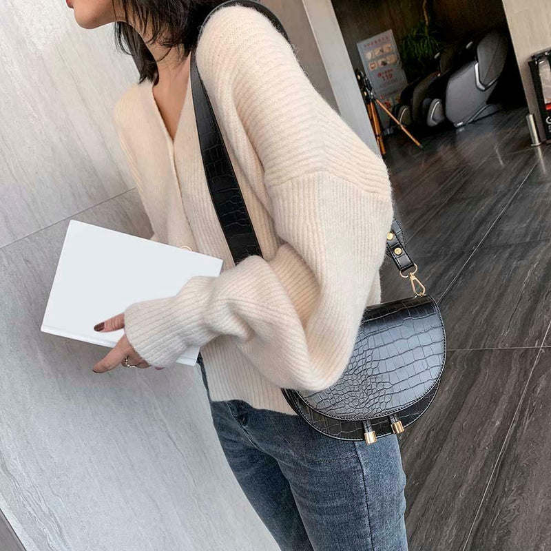 Retro Crossbody Handbag Women Semicircle PU Leather Shoulder Bag (Black)