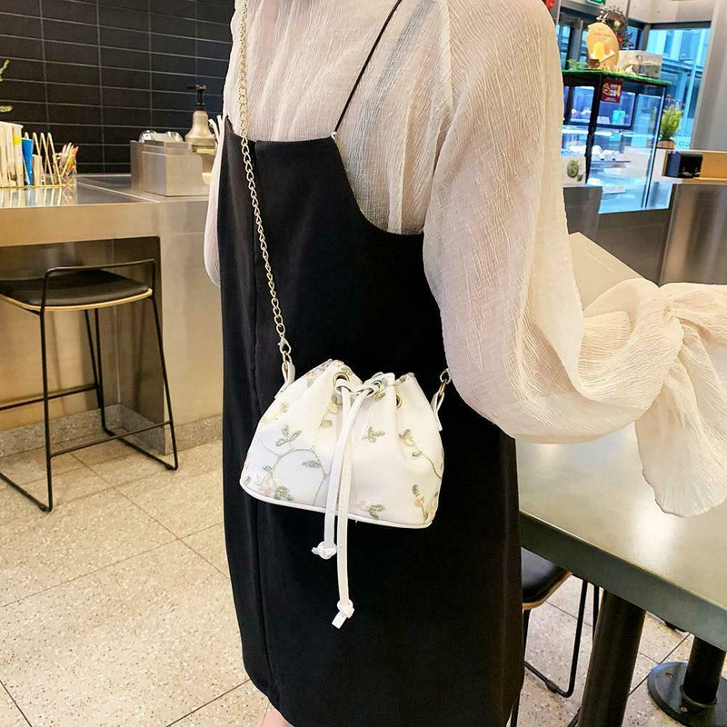 Lace Flower Print Shoulder Handbags Women Drawstring Crossbody Bags (White)