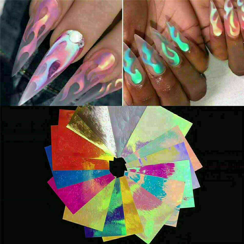 16Pcs Holographic Fire Flame Hollow Stickers Fires Manicure Stickers Nail A M5L4
