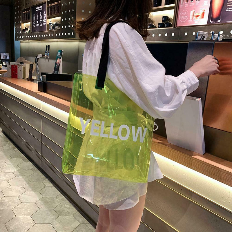 Transparent PVC Shopping Tote Women Shoulder Beach Travel Handbags (Yellow) A