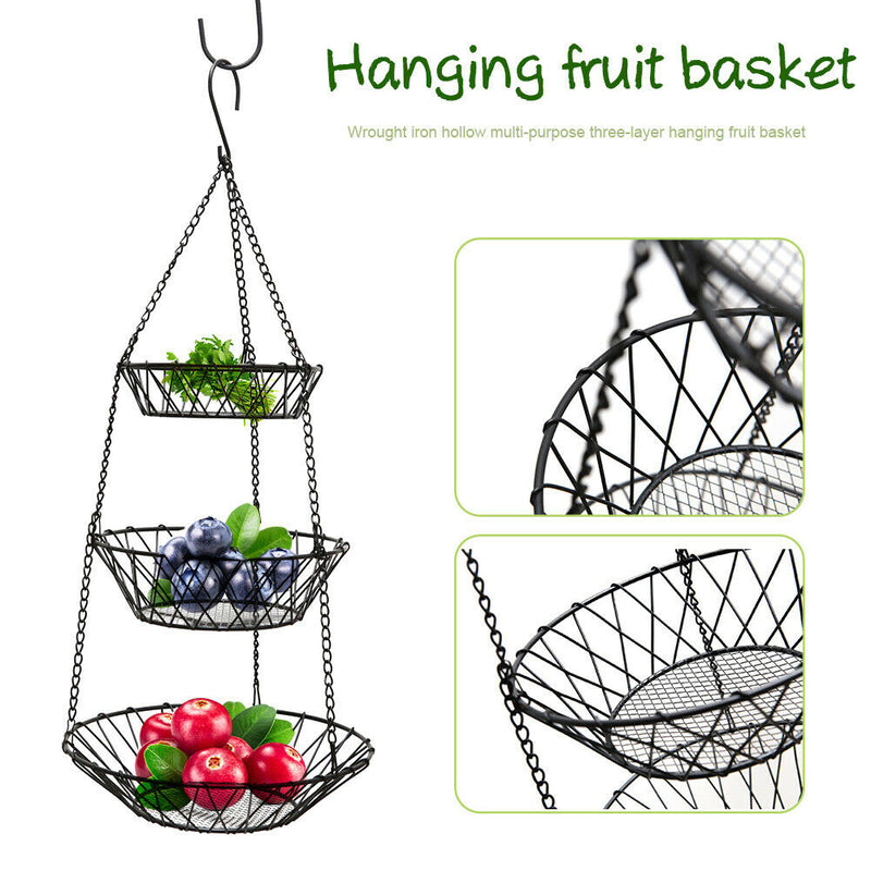Plants Fruit Basket Pierced Country Style Home Space Saving Chain Hanging 3 Tier