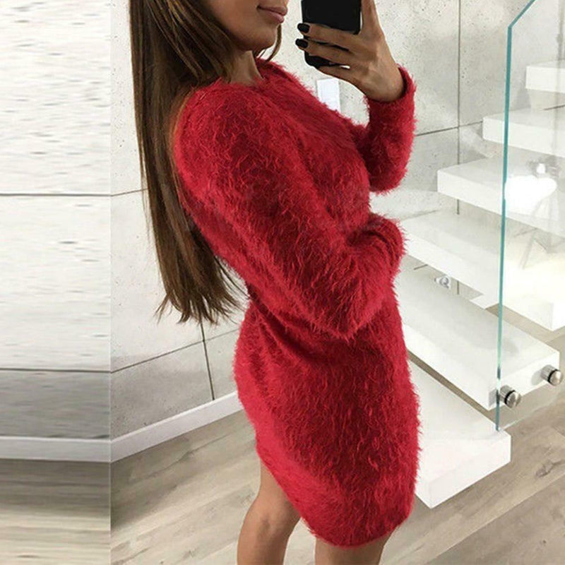 Women Long-Sleeved Bodycon Clubwear Ladies Plush Solid Color Dress (Red M)