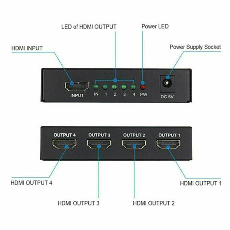1 in 4 out Full HD HDMI Splitter 1X4 4 Port Hub Repeater Amplifier v1.4  GIJ