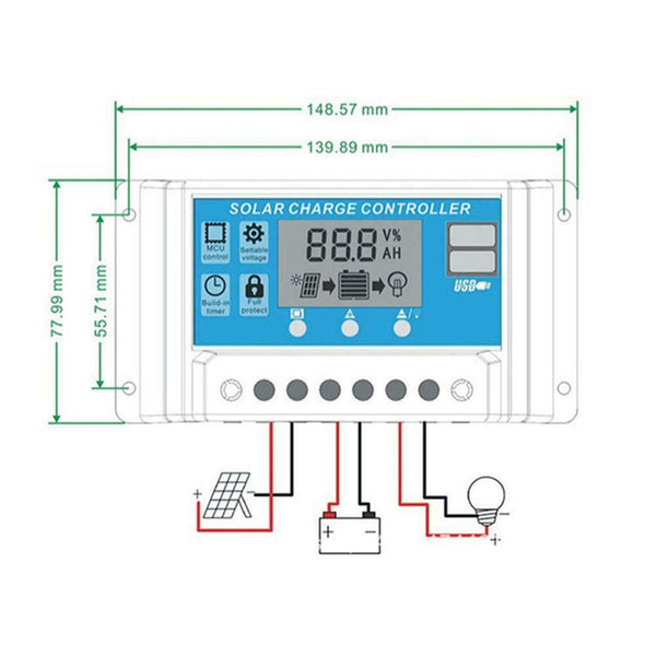 12V/24V LCD Auto Solar Charge Controller PWM Dual USB Output Charger (30A)