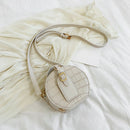 Women Small Round Shoulder Handbag Leather Stone Pattern Totes Bag (Beige) A