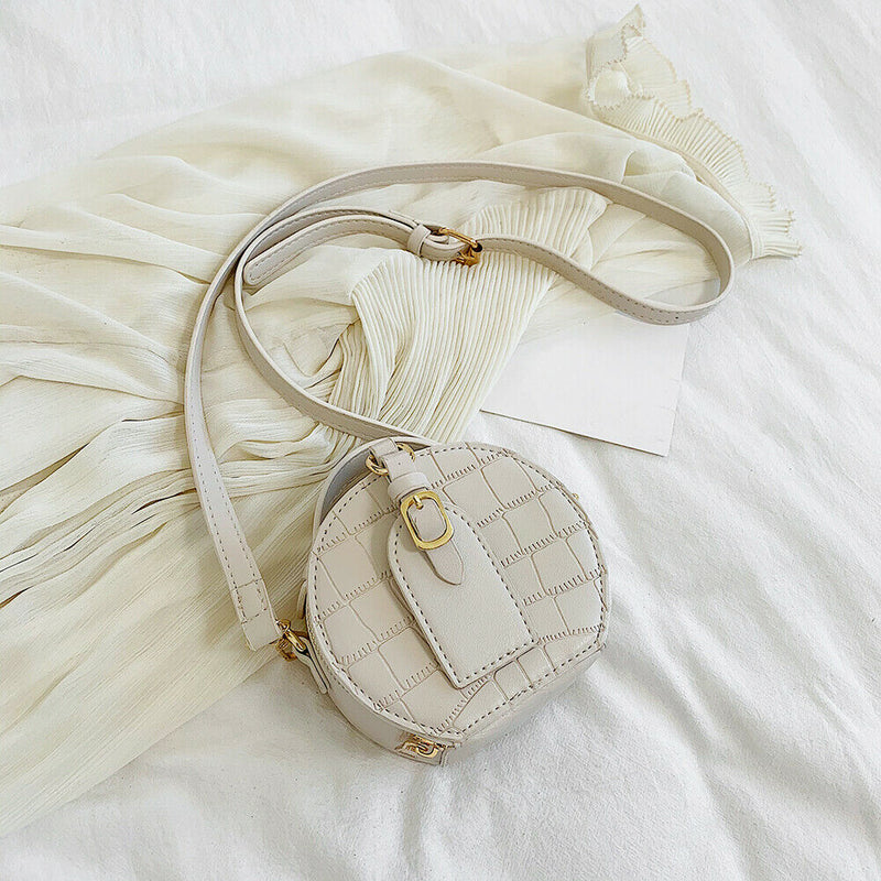 Women Small Round Shoulder Handbag Leather Stone Pattern Totes Bag (Beige) A