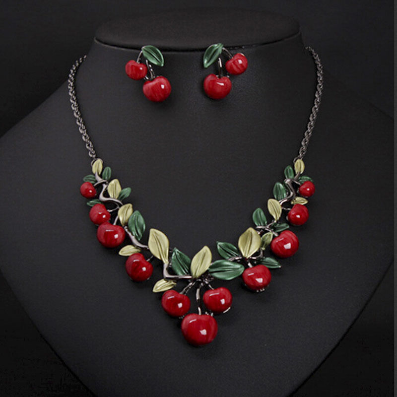 1 Set Fashion Red Cherry Jewelry Set Metal Bridal Necklace Earrings Chic D6DTEUS