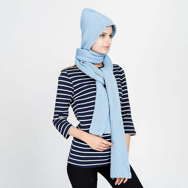 Women Winter Knit Hooded Scarf Winter Autumn Pullover Headscarf Hoodie Hat Solid
