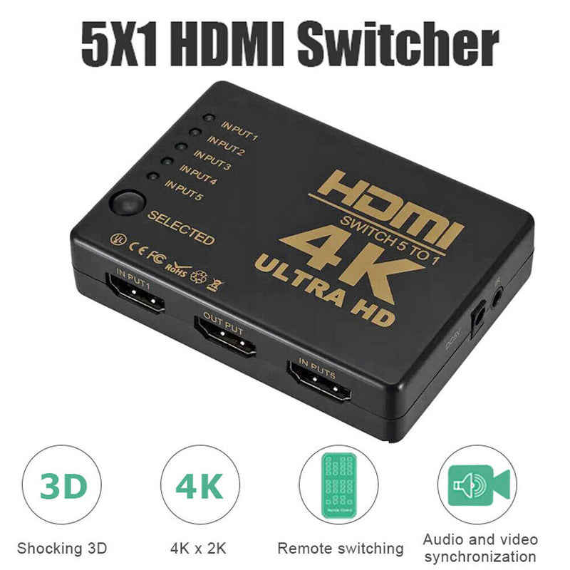 4K HD 1080P 5 Port HDMI Auto Switch Switcher Selector Splitter Hub IR Remote