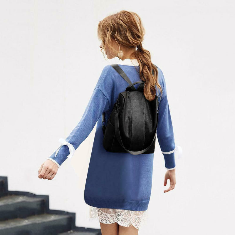 Women Backpack PU Leather School Shoulder Bag Casual Rucksacks (Black)