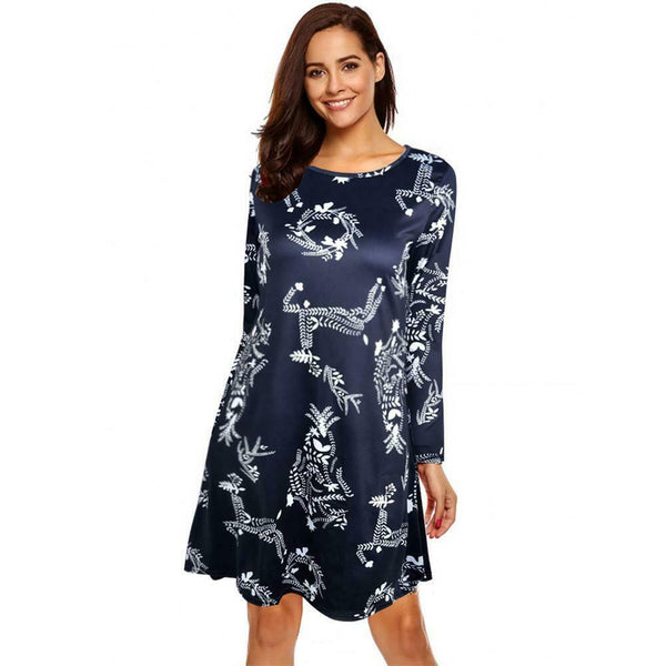 Christmas Floral Long Sleeve A-line Dress O-neck Retro Women Dresses (S)