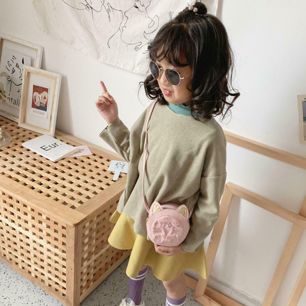 Lovely Cat Round Kids Girl Messenger Shoulder Bags PU Leather Purse (Pink)