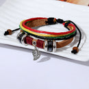 Retro Leather Weave Rope Bracelet Beads Leaf Charm Bangles Jewelry (Brown) A