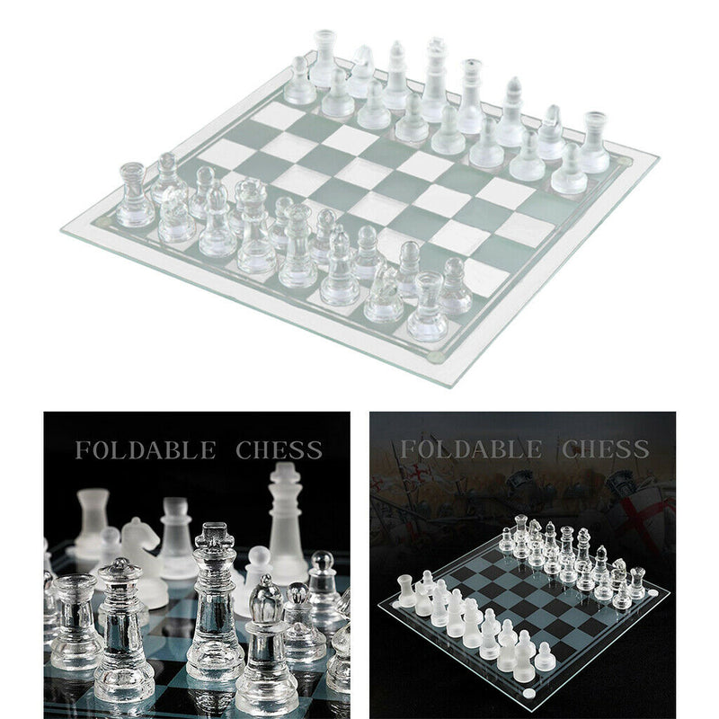 Glass Chessboard Glass Chess Set Board Game Hand Crafted w/ Bag Toys 20x20cm