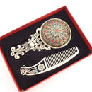2PCS Bronze Handheld Mirrors Hollow Cosmetic Compact Mirror Comb Set Gift Box Gw