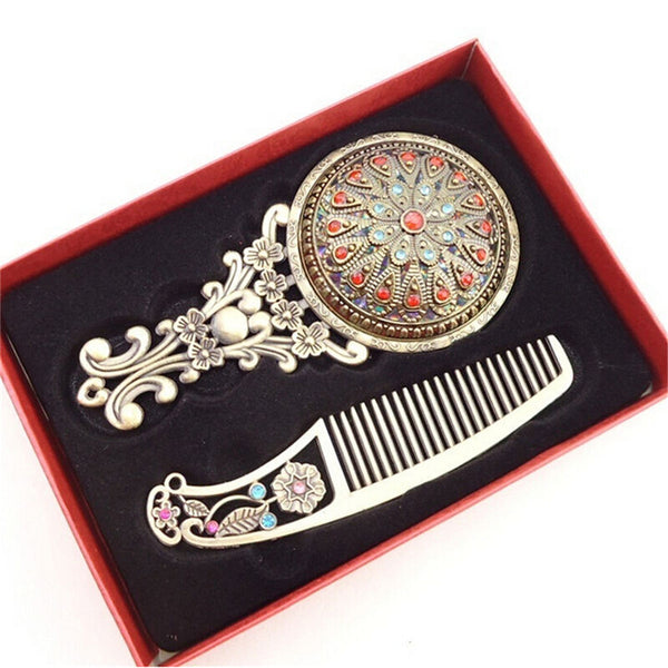 2PCS Bronze Handheld Mirrors Hollow Cosmetic Compact Mirror Comb Set Gift Box Gw