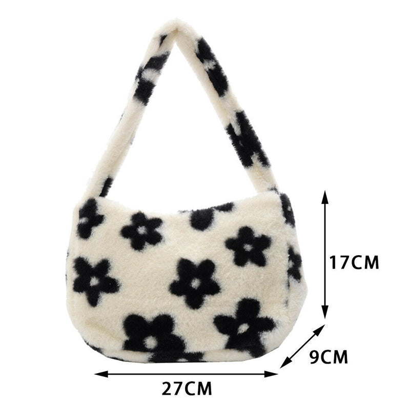 Female Plush Soft Fluffy Handbag Flower Printed Shoulder Bag Street Travel Purse