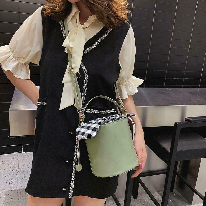 Plaid Bowknot Shoulder Handbags Leather Women Crossbody Bucket Bags (Green) A