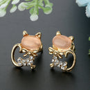 Cat Eye Stone Diamond Shiny Kitty Cute Small Animal Earrings (Pink) A