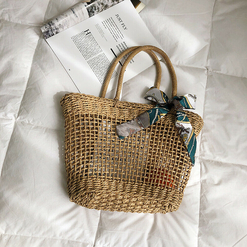 Women Straw Woven Shoulder Handbags Retro Girls Travel Vacation Beach Totes