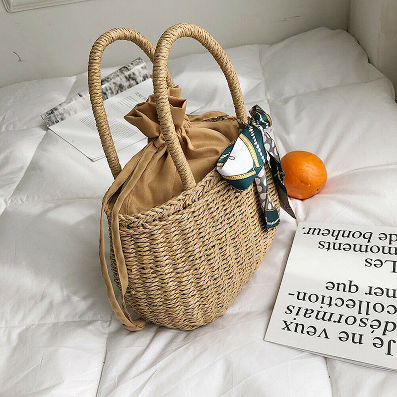 Retro Women Girls Hollow Straw Handbags Beach Handmade Woven Drawstring Totes
