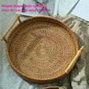 Rattan Handwoven  Severing Tray Food Storage Platters Plate Over HandlesS Hn