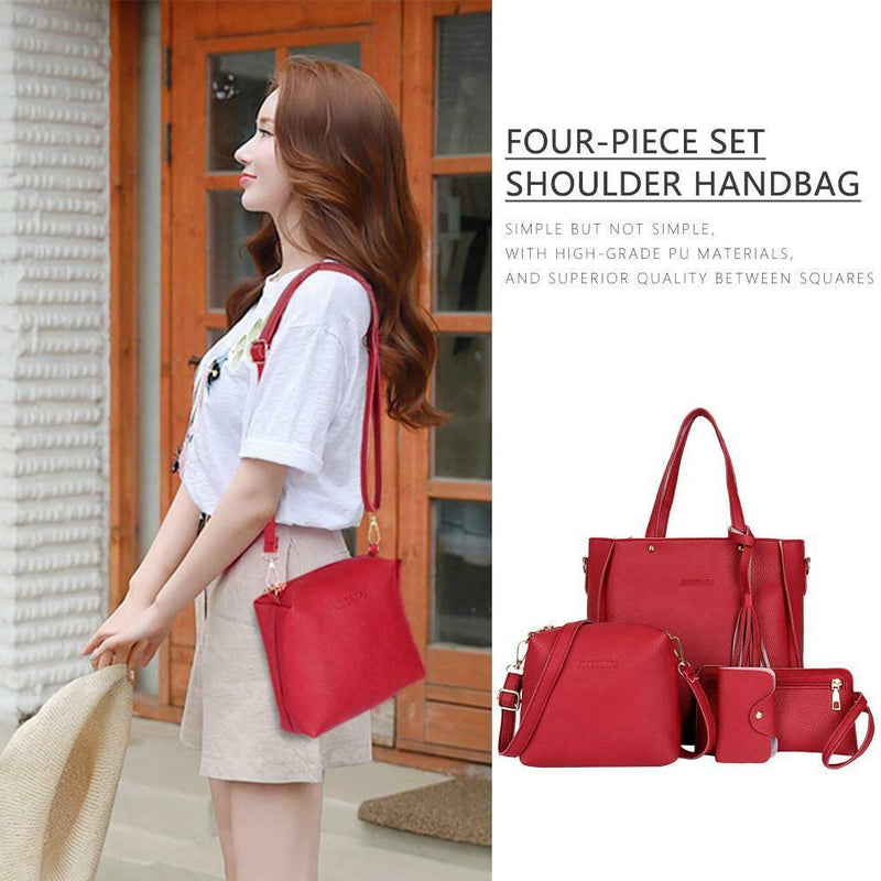 4pcs/Set Lichi Leather Tassels Women Tote Shoulder Clutch Card Bags (Red)