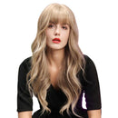 Women Girls Light Blonde Long Wave Wigs with Neat Bangs, Natural Long Curly Heat