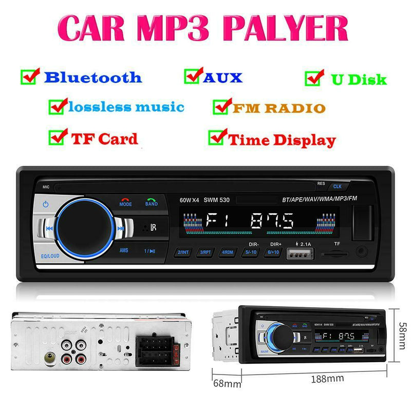 1 DIN Car Radio Bluetooth Handsfree Stereo AUX FM TF Audio MP3 Player Head Unit