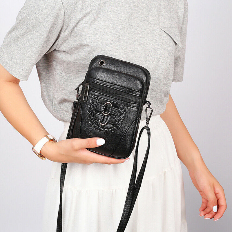 Women Soft PU Messenger Bag Multi-layer Shoulder Zipper Phone Pouch (Black)
