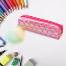 Fish Tail Sequin Pencil Case PU Pompom Pencil Bag School Stationery (Red) A