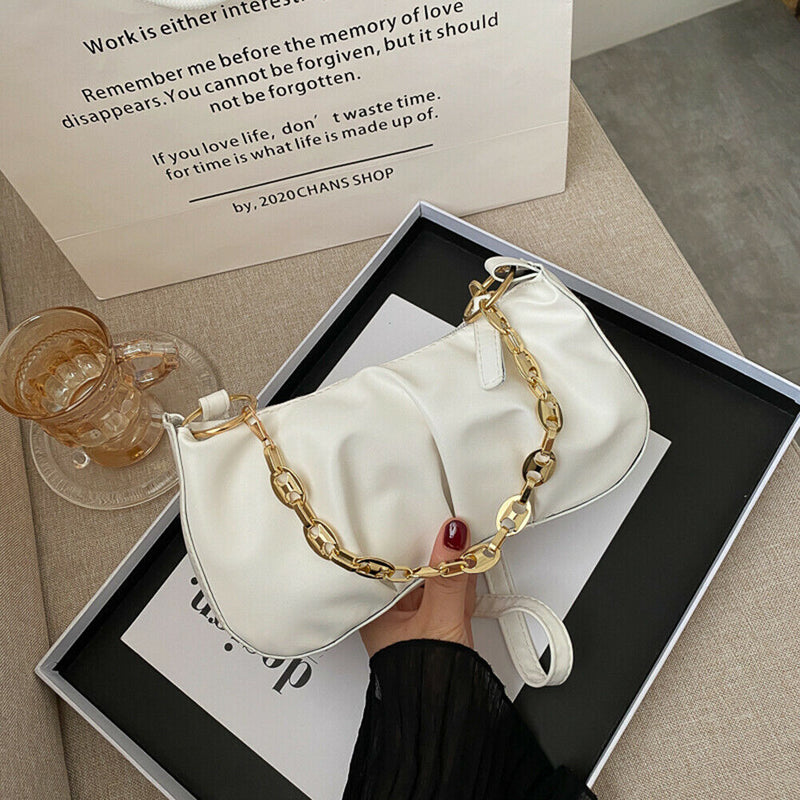 Solid Pleated Women Shoulder Bag PU Clear Chain Crossbody Handbag (White)
