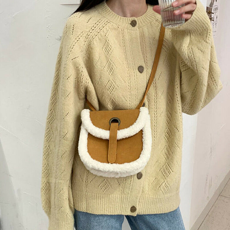 Fashion Shoulder Saddle Bag Women Splicing Fleece PU Messenger Tote (Brown)